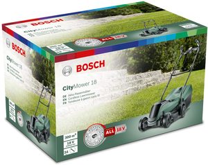 Bosch CityMower 18 Cordless Lawnmower's box.