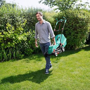 Bosch Rotak 36R Electric Rotary Lawnmower's carry handle.