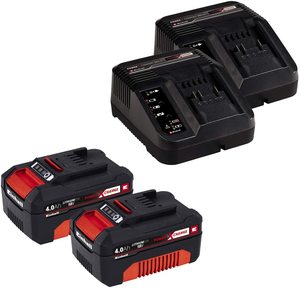 Einhell GE-CM 43 Li M Cordless Lawn Mower's batteries and chargers.