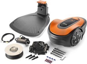 Flymo EasiLife 500 GO Robotic Lawn Mower and its accessories.