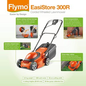 Flymo EasiStore 300R Electric Rotary Lawn Mower's features.