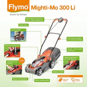 Flymo Mighti-Mo 300 Li Cordless Battery Lawn Mower's features.