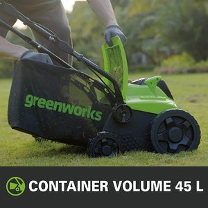 Greenworks 2-in-1 Cordless Scarifier and Aerator's grass collector.