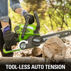 Greenworks Cordless Chainsaw in use.