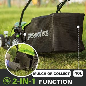 Greenworks G40LM35K2X Cordless Lawn Mower's mulching and collecting functions.