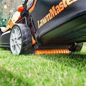 LawnMaster Cordless Lawnmower's rear roller.
