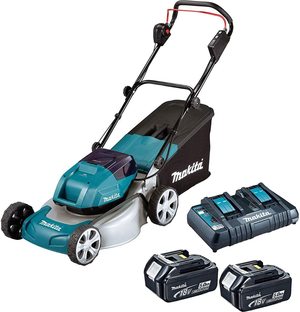Makita DLM460PT2 Cordless Lawn Mower with batteries.