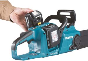 Close up view of the Makita DUC353Z Cordless Chainsaw.