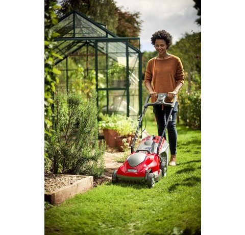 Mountfield Princess 34 Electric Corded Lawnmower in use.