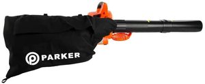 ParkerBrand Petrol Leaf Blower with its collection bag.