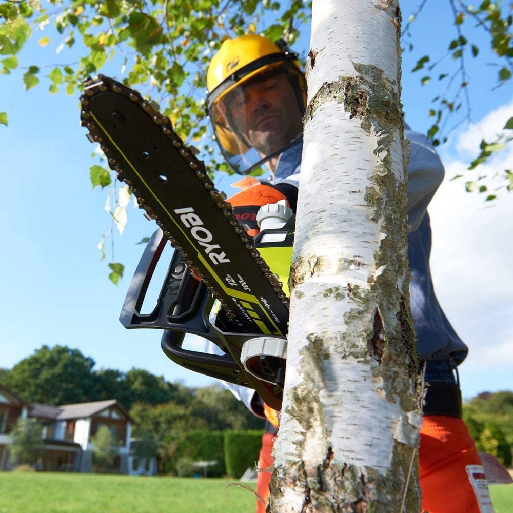 Ryobi OCS1830 One+ Cordless Brushless Chainsaw in use.