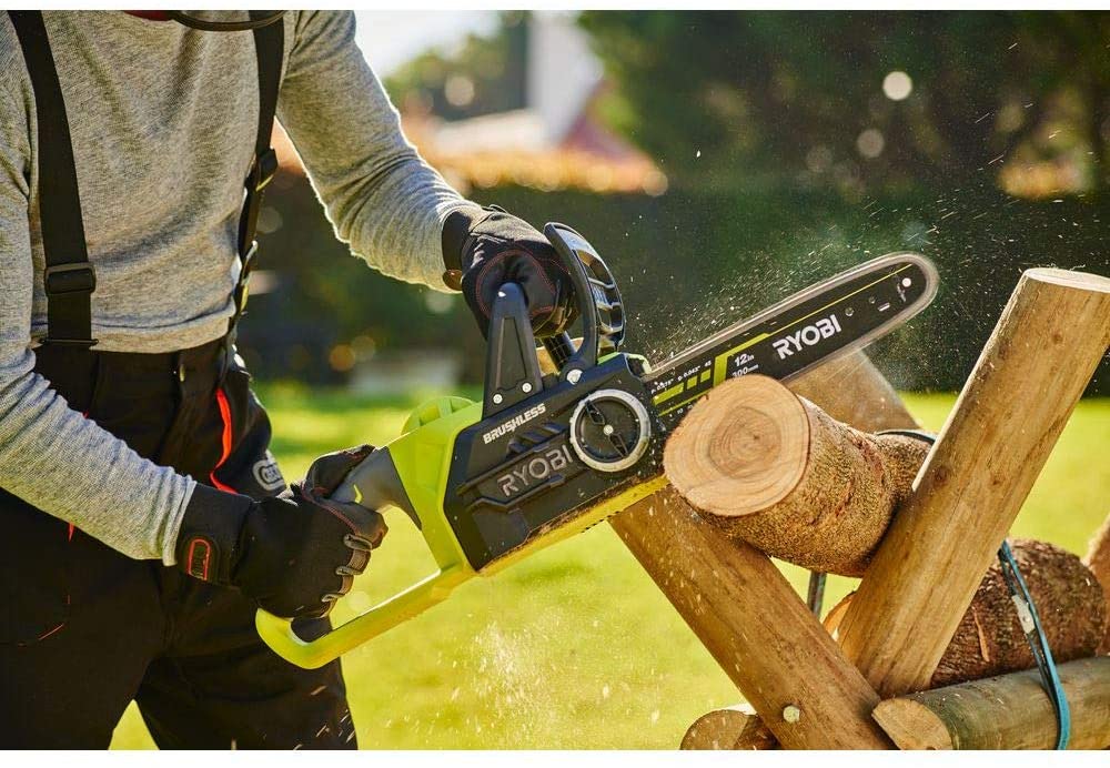 Ryobi OCS1830 One+ Cordless Brushless Chainsaw in use.