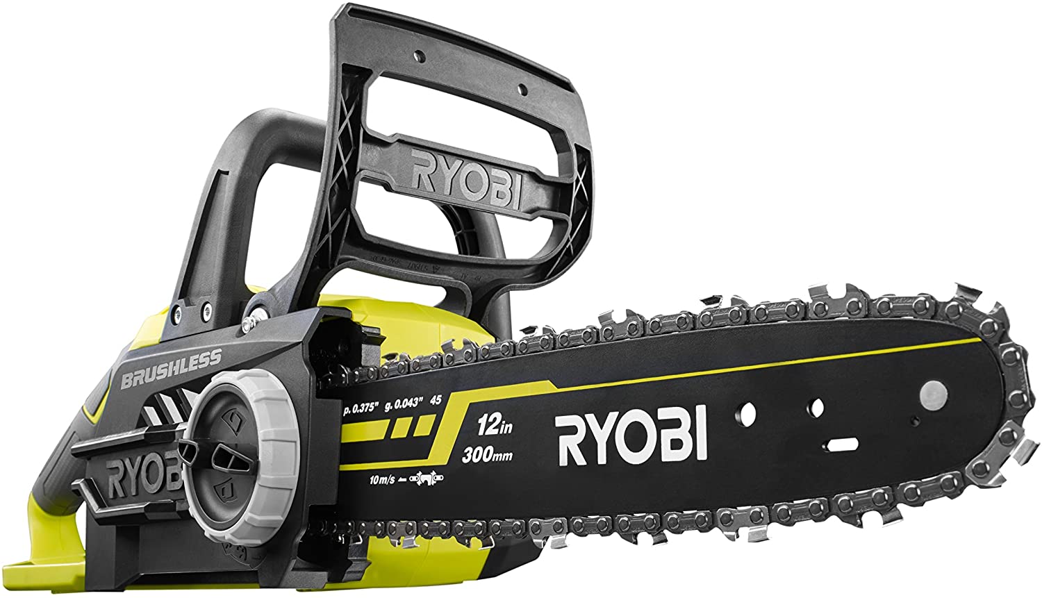 Close up view of the Ryobi OCS1830 One+ Cordless Brushless Chainsaw.