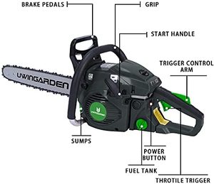 UWINGARDEN Petrol Chainsaw with annotations.