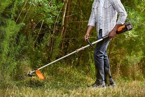 WORX WG186E Cordless Grass Trimmer in use.