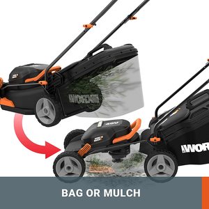 WORX WG743E.1 Cordless Lawn Mower's grass bag and mulching options.