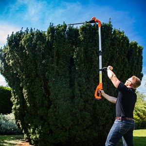 Yard Force 20V Cordless Pole Hedge Trimmer in use.