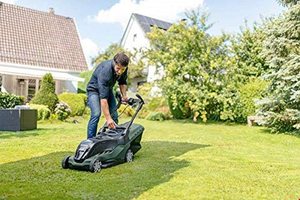 Bosch AdvancedRotak 36-750 Cordless Lawnmower in use.