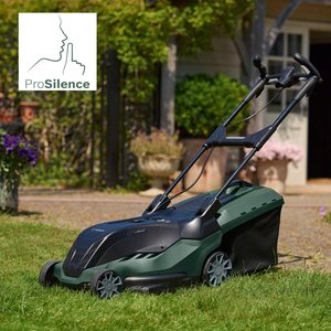 Bosch AdvancedRotak 650 Electric Lawnmower in a garden.