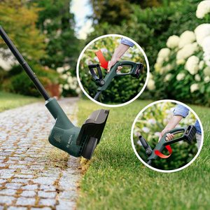 Bosch EasyGrassCut 18 Cordless Grass Trimmer in use.