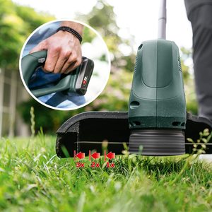 Close up view of the Bosch EasyGrassCut 18 Cordless Grass Trimmer.