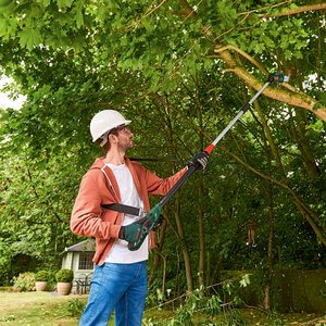 Bosch UniversalChainPole 18 Cordless Chainsaw in use.