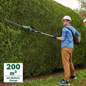 Bosch UniversalHedgePole Cordless Hedge Cutter in use.