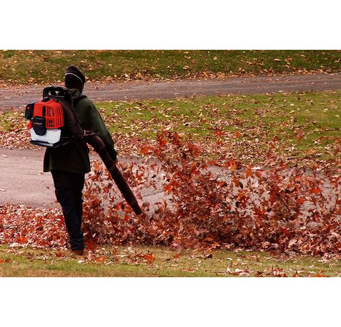 BU-KO 65cc Petrol Backpack Leaf Blower in use.