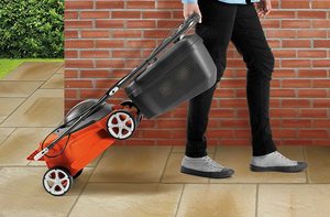 Flymo EasiStore 340R Li Cordless Rotary Lawn Mower's easy transportation.