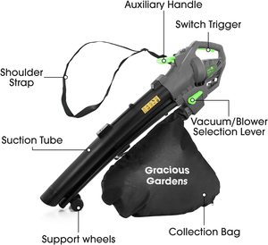 Gracious Gardens Leaf Blower, Garden Vacuum & Shredder with annotations.