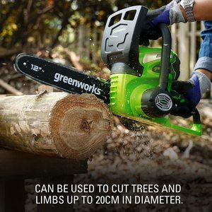 Greenworks Cordless Chainsaw in use.