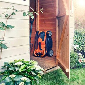 Storing the LawnMaster Cordless Lawnmower.