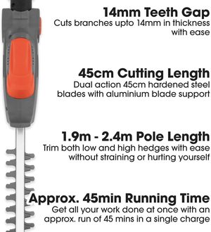 Terratek 20V Cordless Electric Hedge Trimmer's features.