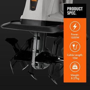 Close up view of the VonHaus 1050W Electric Tiller.